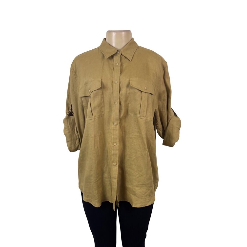 Ralph Lauren Womens Beige Linen Long Sleeve Utility Shirt Button Front Size XL - Picture 2 of 8